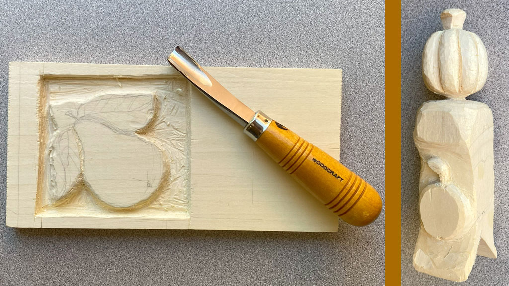 Woodcarving floral designs: a pear, an apple, and a pumpkin.