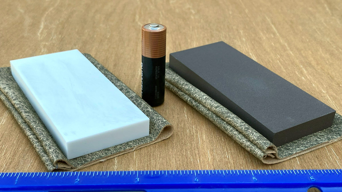 Barton Ceramic Stones: Ultra Fine (white) and Medium (dark grey). This set of sharpening stones for woodcarving knives is recommended for chip carvers of all levels and beginner woodcarvers.