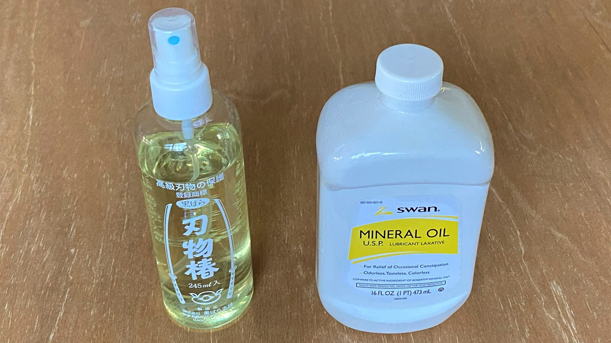 Camellia oil for knife maintenance and mineral oil for rust prevention.