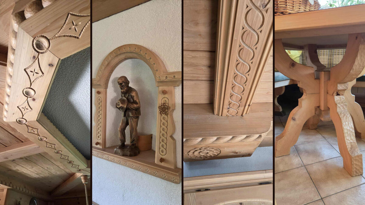 A collage of photos of walls and ceilings decorated with woodcarving.