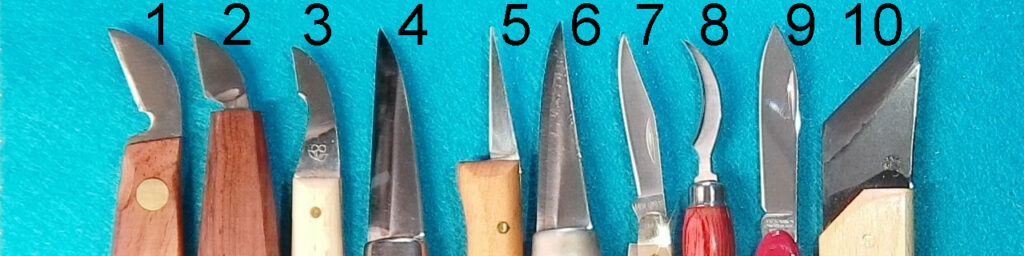 Ten woodcarving knives with different blade shapes. The photo was taken for the woodcarving newsletter.