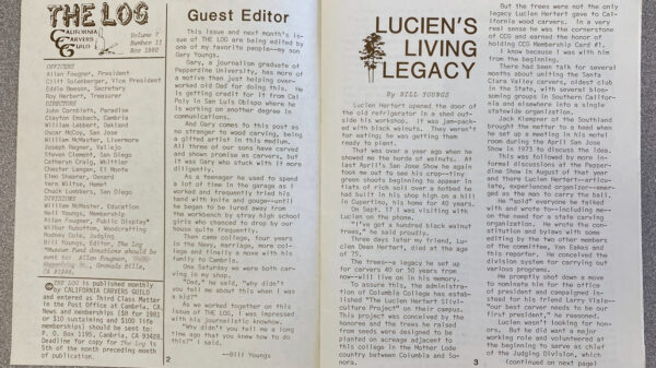 California Carvers Guild's publication, The Log, issue from November 1980. The pages feature a list of CCG Officers, the "Guest Editor" note, and a whole page dedicated to Lucien Dean Hertert's Living Legacy.