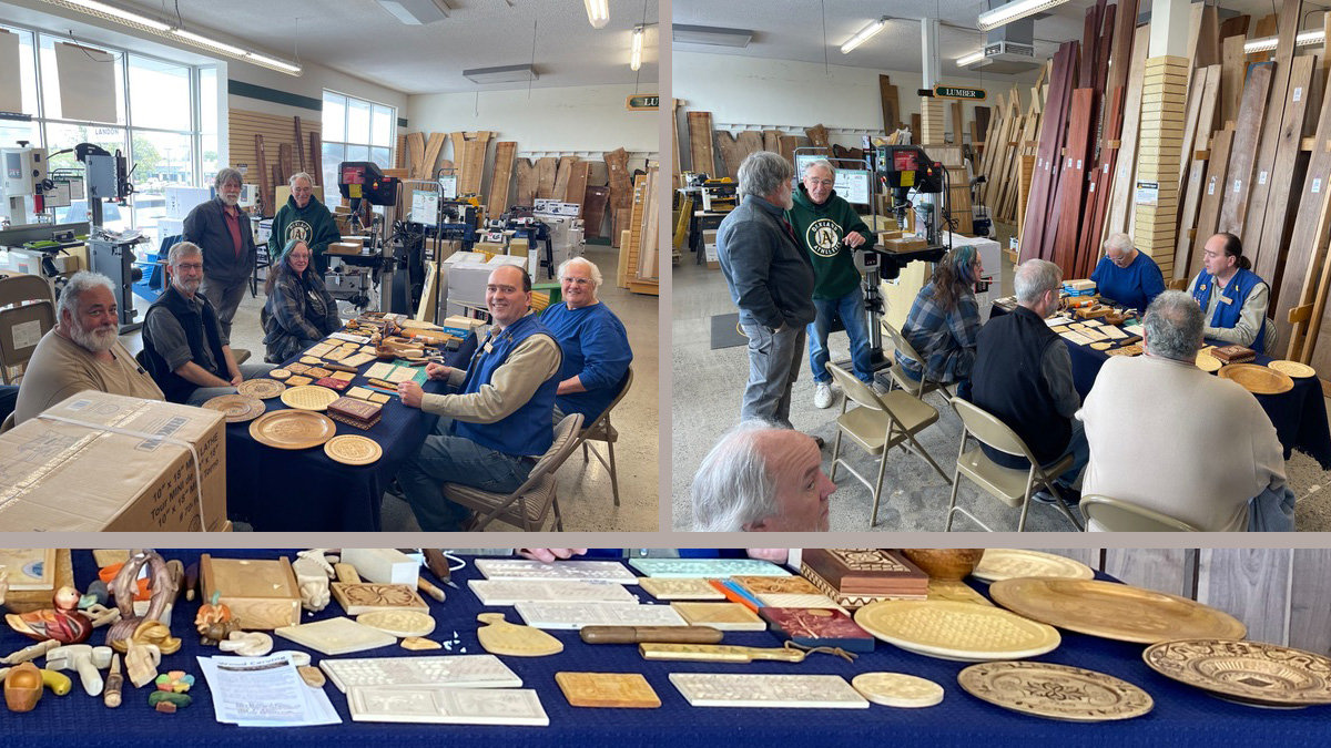 A collage of three photos taken during the chip carving demonstration by Roman Chernikov and Connie Wilson at Woodcraft in San Carlos, CA, in April 2025.