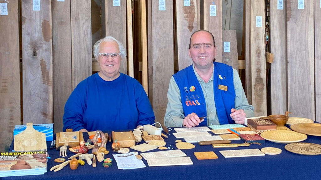 Connie and Roman present chip carving at Woodcraft in San Carlos, April 2025. Their chip carving demonstration was a sound success!