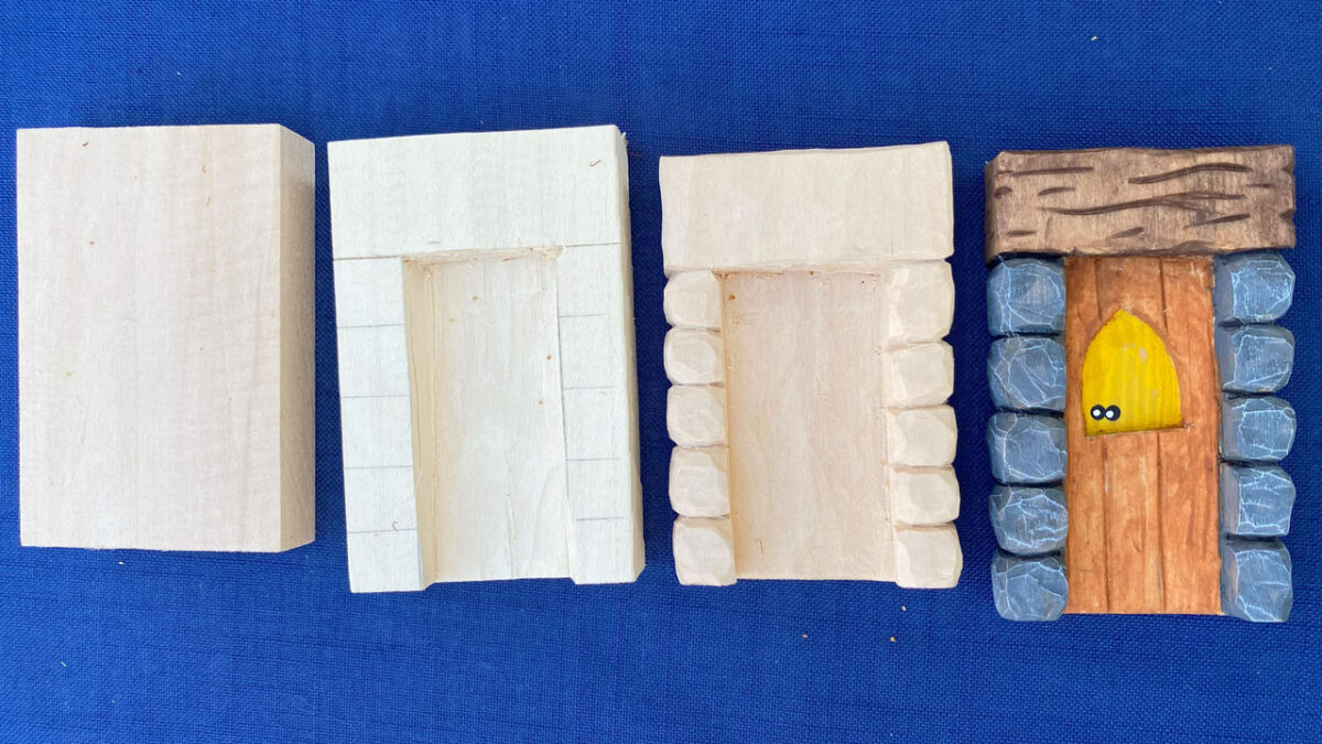 Four-step progression on how to carve a fairy door from start to finish.