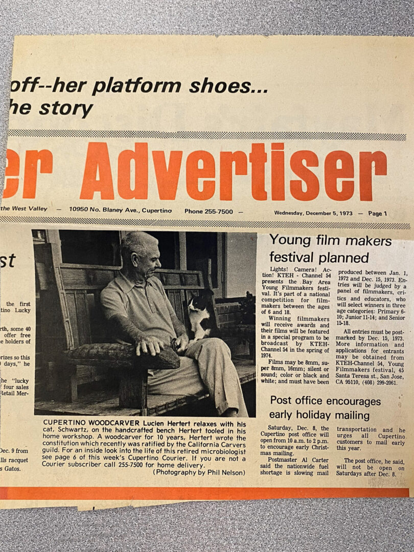 An article about Lucien Hertert in the Cupertino Courier newspaper, December 5, 1973.