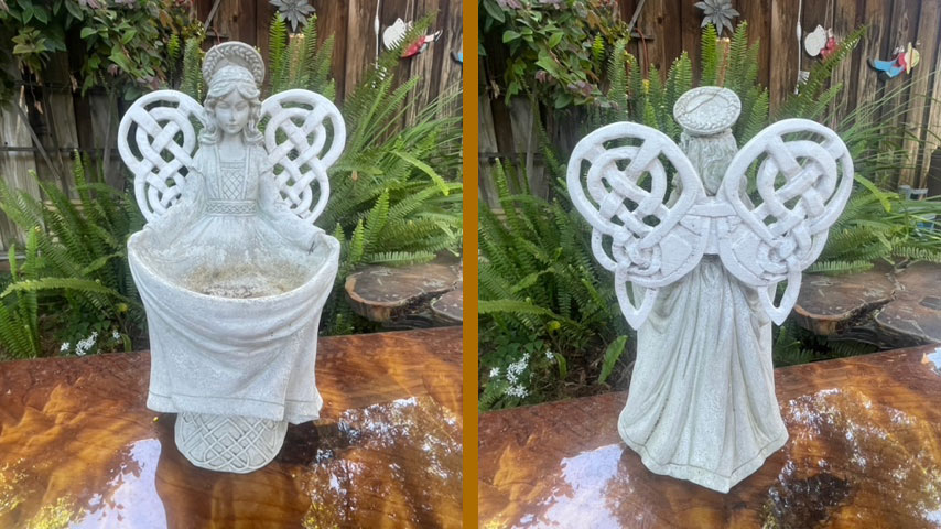 Two photos of the angel figurine: one view is from the front and the other from the back. The wings broke and were replaced with ones carved from oak. The wings feature a Celtic pattern.