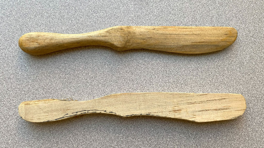 A carved butter spreader by David Osterlund. The pattern is featured in John Welch's (https://www.johnfrancisdesigns.com/) article "Carving a Jam Knife" in the Spring 2022 Issue 98 of Woodcarving Illustrated magazine.