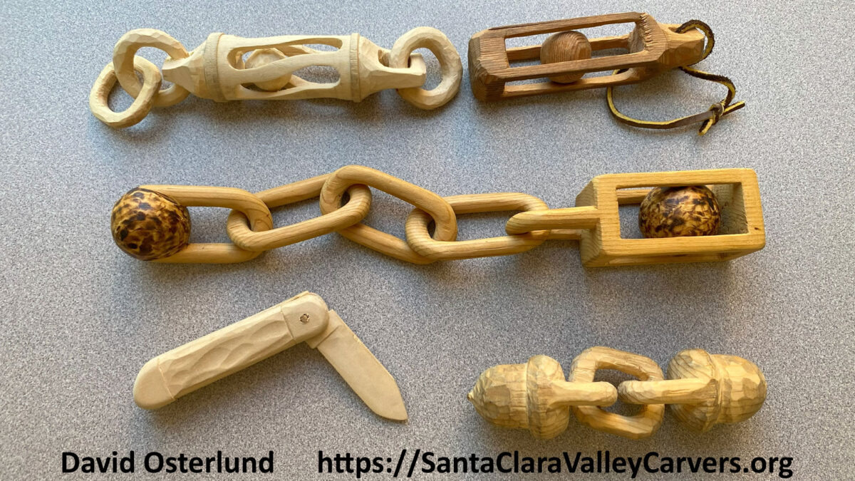 Classic whittling projects: wooden chains, ball-in-cage projects, and a working folding pocket knife. They are carved from basswood and pine.