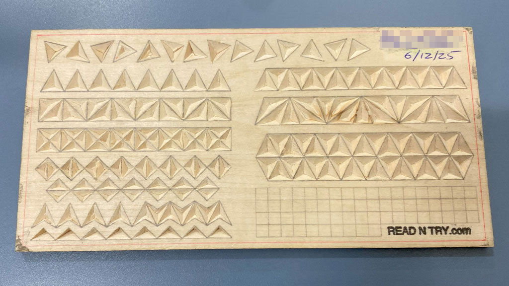 Chip carving practice board carved by David Clarke. The practice boards are available for purchase at https://readntry.com