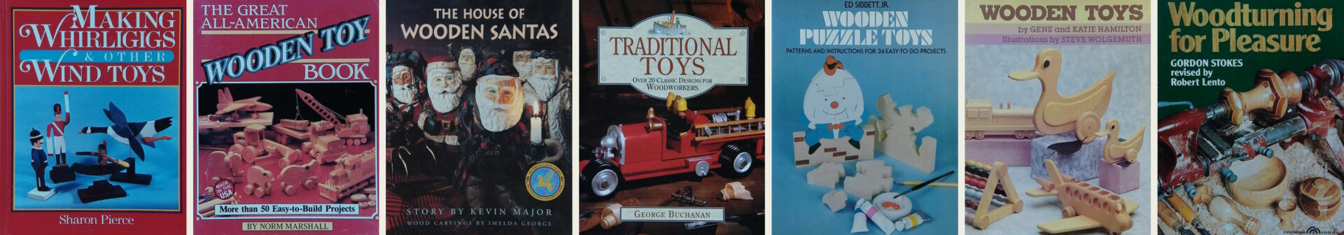 An image includes seven book covers about woodcarving, woodturning, and woodworking.