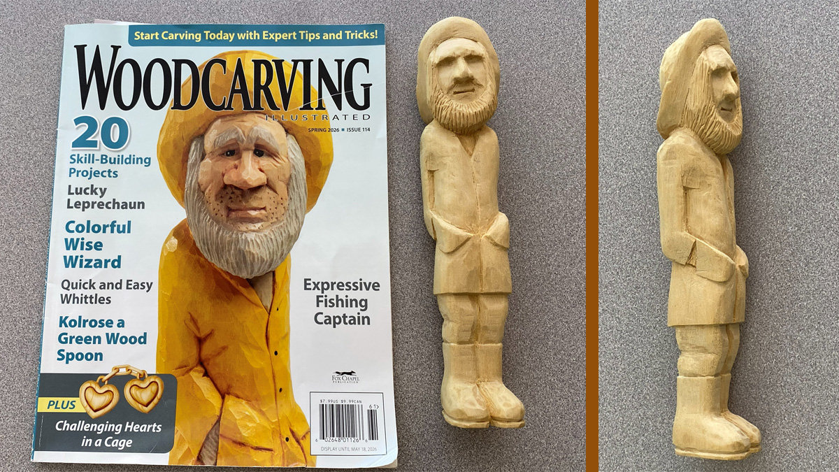 Woodcarving Illustrated magazine cover featuring an expressive fishing captain next to front and side views of a matching basswood figurine carved by David Osterlund.