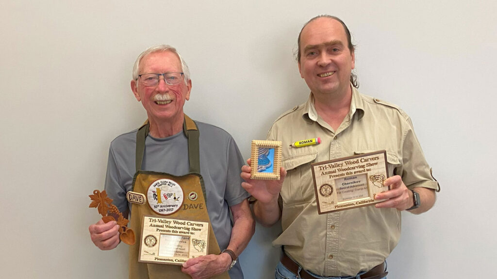 David and Roman show the woodcarving projects and awards they won at the 2025 Tri-Valley Carvers woodcarving show in Pleasanton, CA.