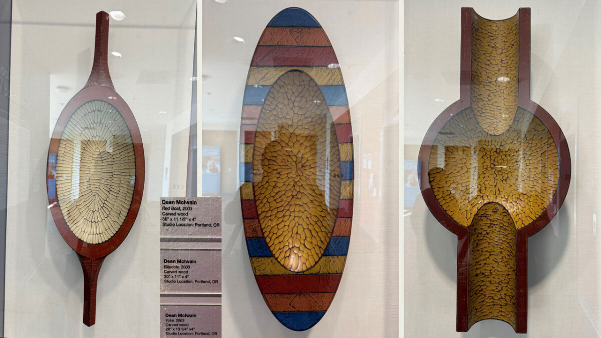 Three circular art forms.