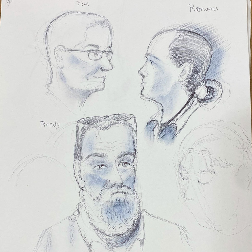 A pencil sketch of Tim, Roman, and Randy.