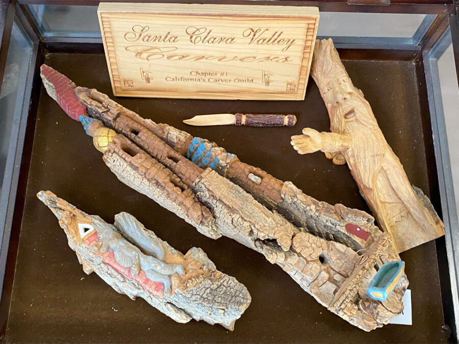 SCVC Woodcarving Display Case, June 2023. Theme: Bark houses and driftwood