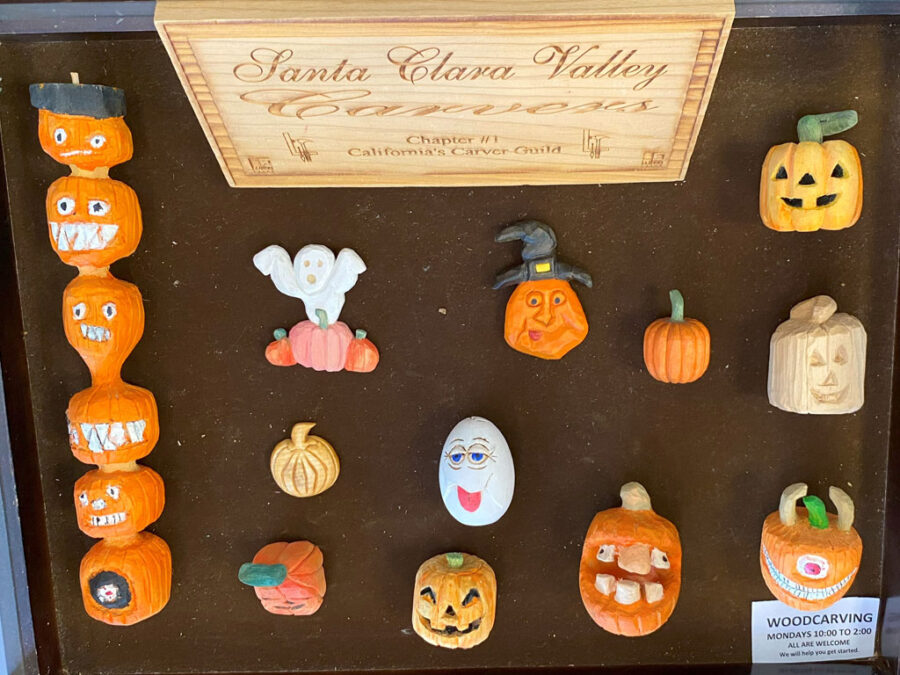 SCVC Woodcarving Display Case, October 2023. Theme: Halloween, Pumpkins, Ghosts, Witches