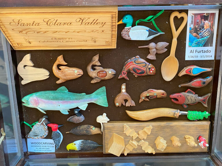 In memory of Al Furtado (7/26/1933-3/1/2014) we present a display case full of Al's wood carvings. Al liked carving birds and fish.