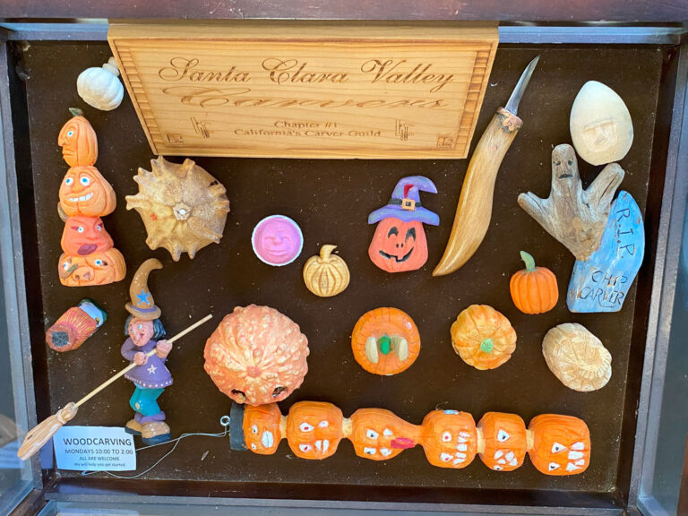 SCVC Woodcarving Display Case, October 2024. Theme: Halloween, Pumpkins, Ghosts, Witches