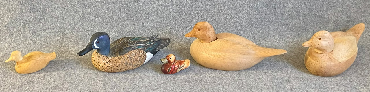 A row of 5 ducks. 2 of them are carved and painted. The other three are the duck roughouts.