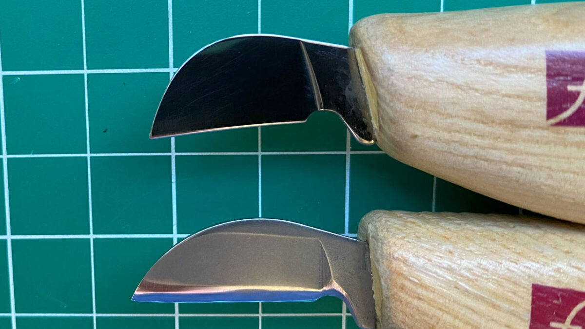 The top knife with the repaired blade. The bottom has the original blade shape. The photo was taken for the SCVC woodcarving newsletter.