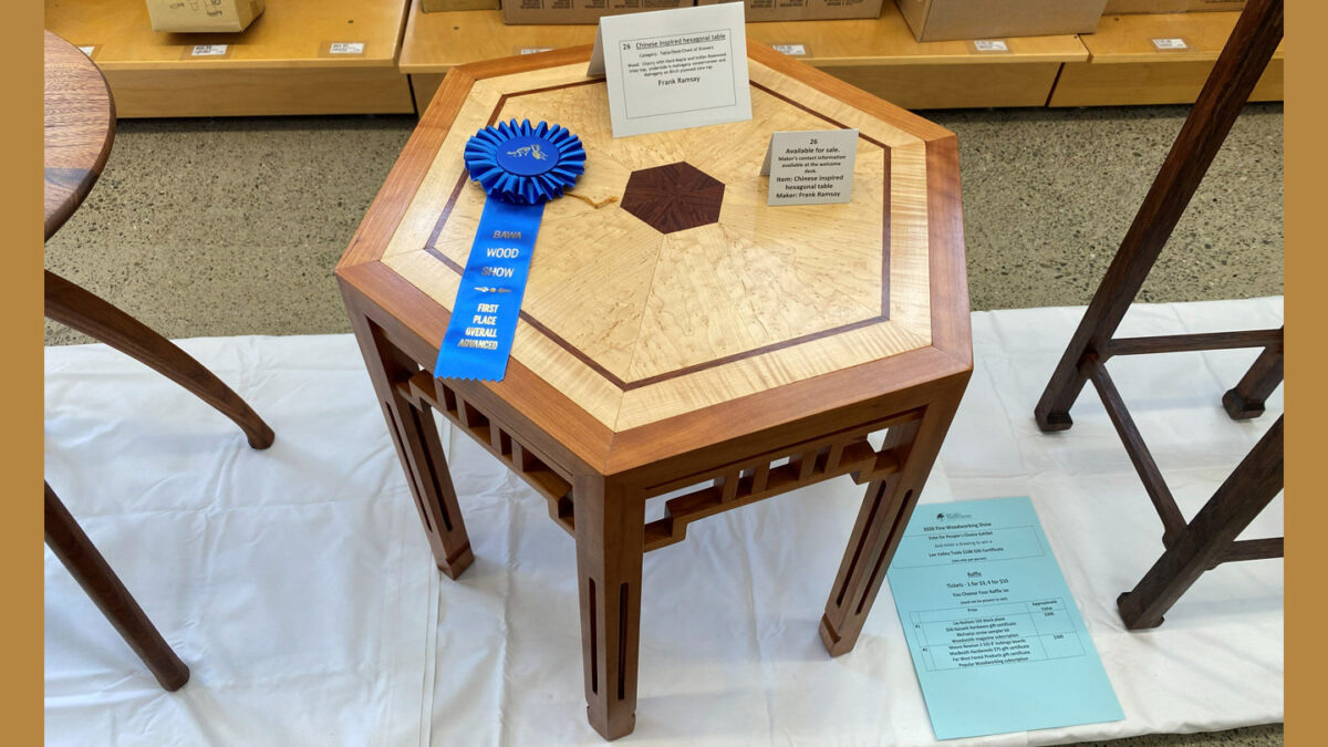 A hexagonal side table crafted by Frank Ramsay is displayed at a woodworking show at Woodcraft store in San Carlos, CA. The table features a light-colored, figured wood top (hard maple) bordered by a dark Indian Rosewood inlay. At the top center is a dark wood hexagon with a geometric starburst inlay. The table's base and legs are made of reddish-brown mahogany, with an apron featuring geometric fretwork or lattice cutouts. A blue ribbon pinned to the tabletop reads "BAWA Wood Show, First Place, Overall, Advanced." Small white cards identify the piece as a "Chinese-inspired hexagonal table."
