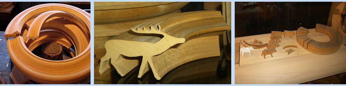 Collage of three photographs of German ring turning in Seiffen, Germany: ring blanks cut so an animal shows in the cross-section, a turned ring shaped like a deer, and finishing touches on small carved figures.