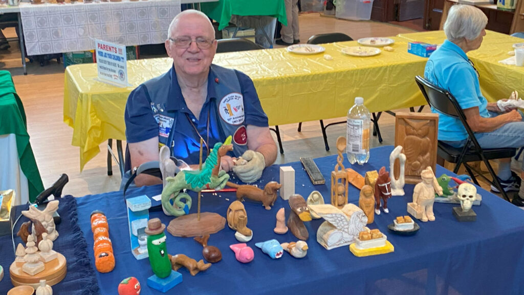 Jim Phipps demonstrated whittling at the woodcarving show in Pleasanton, CA.