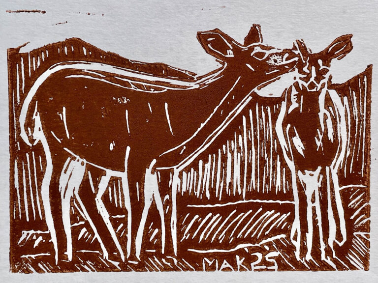 A linoleum block print of two deer