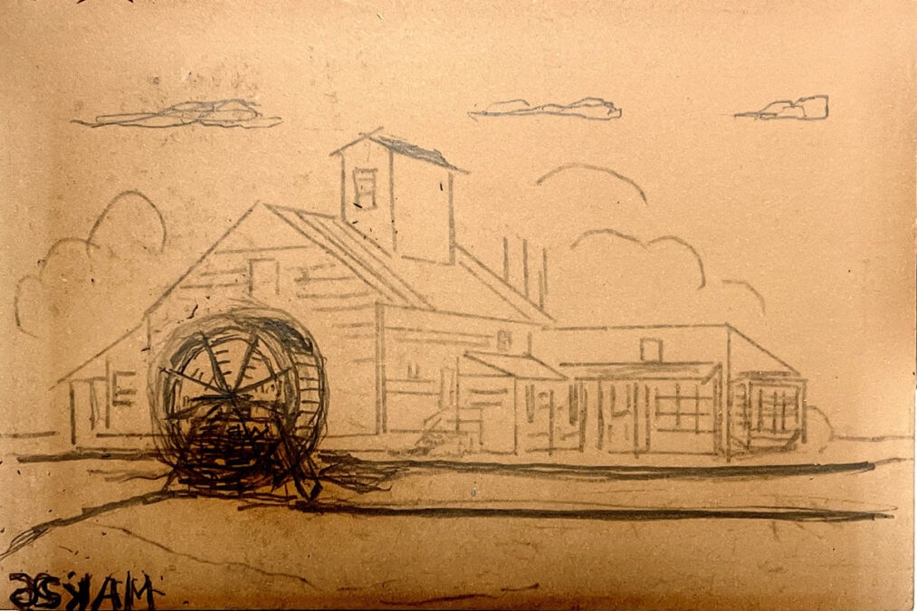 A pencil sketch on tan paper depicting the Amherst Grist Mill, featuring a prominent water wheel in the foreground and a building with a bell tower and smokestacks behind it; this serves as an initial design for a linoleum block print.