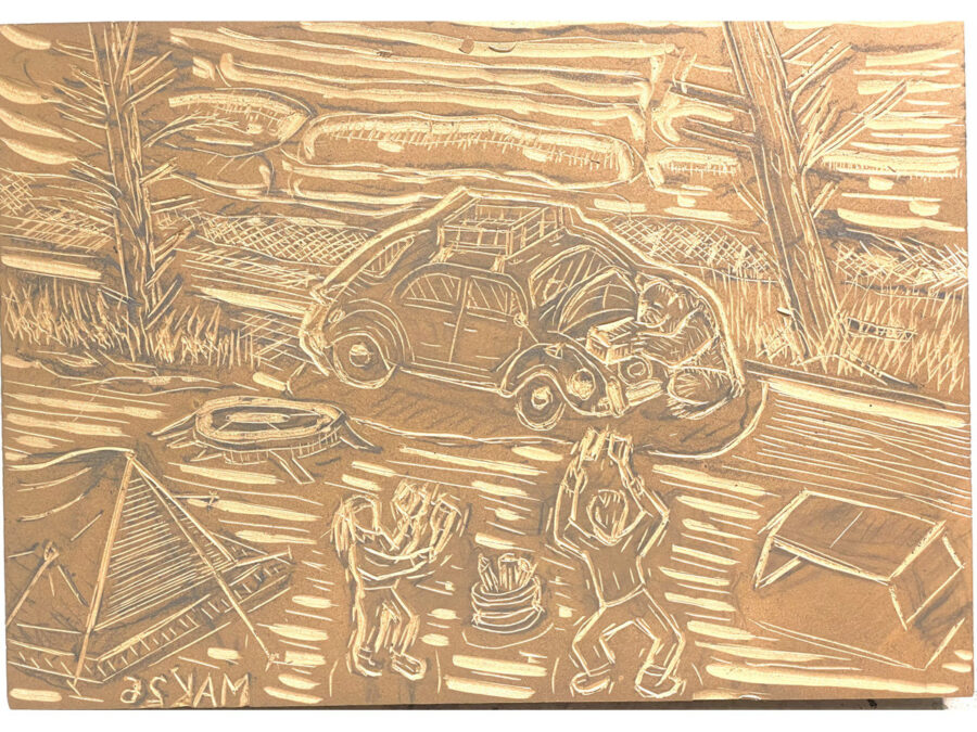 A carved linoleum block for printing. It depicts a camping site, a car, and a bear; two people are trying to scare the bear away with a loud noise.