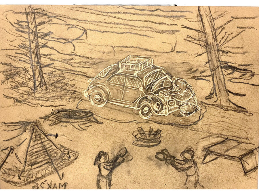 A sketch and a partially carved outline of a car and a bear on a linoleum block for printing.