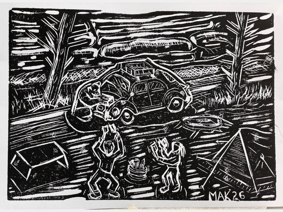 A final print from a linoleum block. It depicts a camping site, a car, and a bear; two people are trying to scare the bear away with a loud noise.