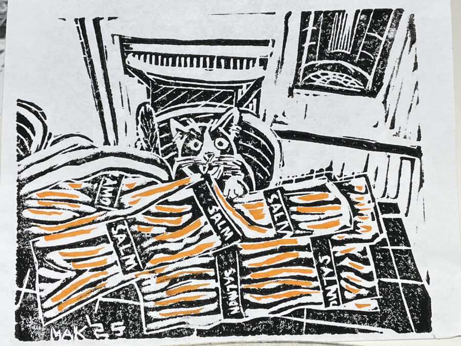 A final print by a carved linoleum block.