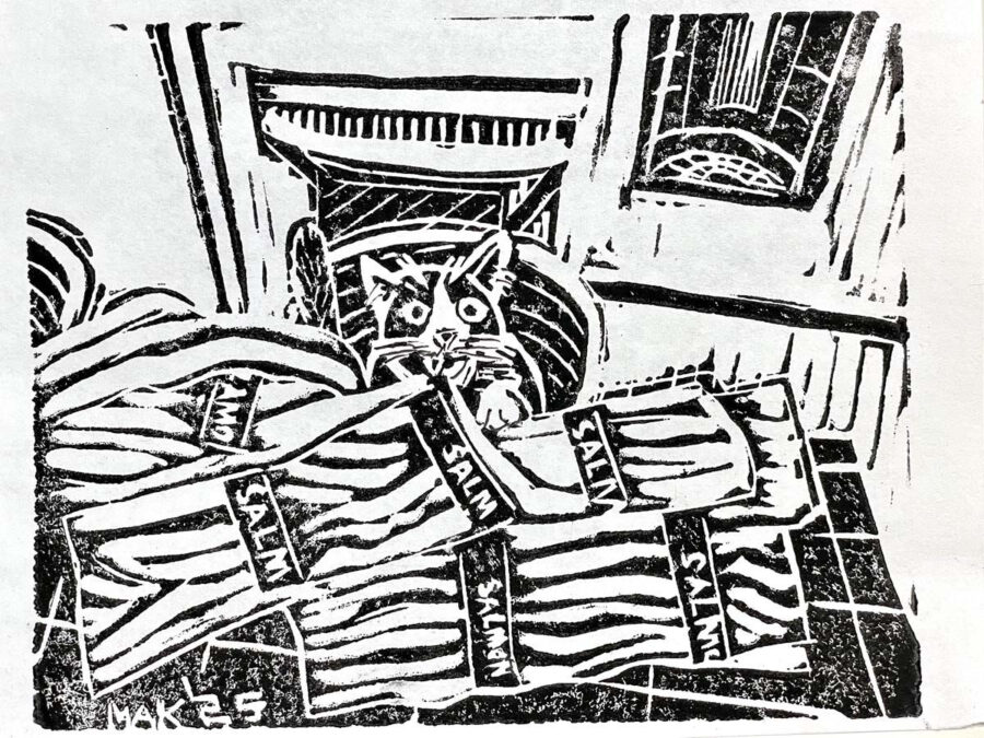 A final print by a carved linoleum block.