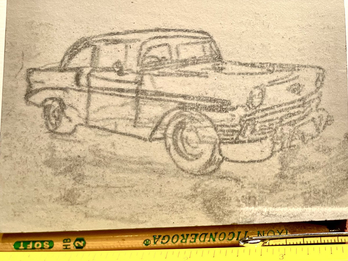 A sketch for later carving into a linoleum block for printing.