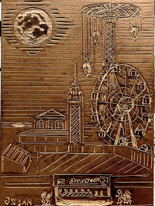 Linoleum block carving of a Coney Island night scene by Jordan Makower, featuring the Parachute Jump tower, a Ferris wheel, and the moon with mirror-reversed lettering and signature.
