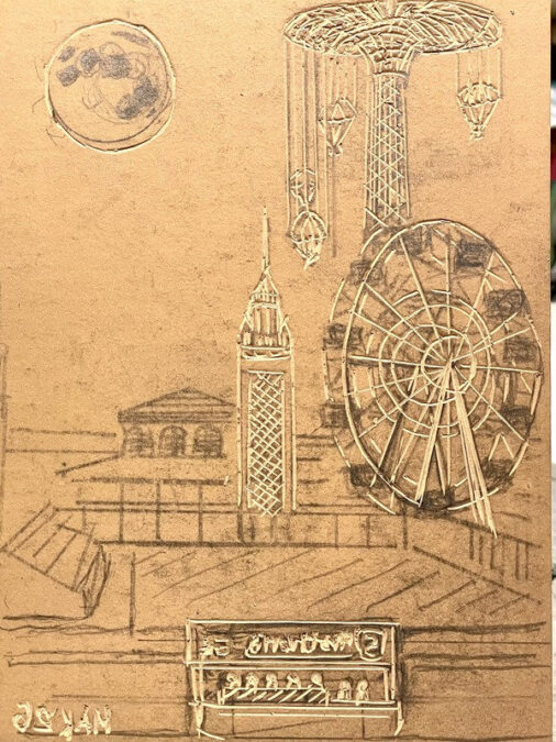 Jordan Makower's linoleum block carving outline of Coney Island, NY (1956). The beige relief surface features reversed lettering and carved outlines of a Ferris wheel and the Parachute Jump tower.