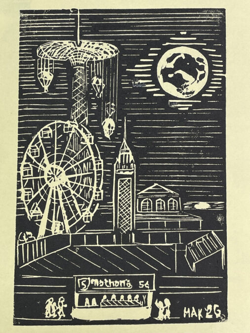 Jordan Makower's black-and-white linoleum block print of a 1956 night scene at Coney Island, New York, featuring the Parachute Jump tower, a Ferris wheel, and a Nathan's Famous hot dog stand.