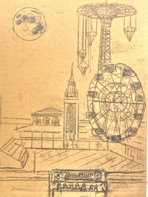 Pencil sketch on a light tan linoleum block depicting Coney Island, NY (1956), featuring a Ferris wheel, Parachute Jump tower, moon, and a reversed Nathan's Famous sign.