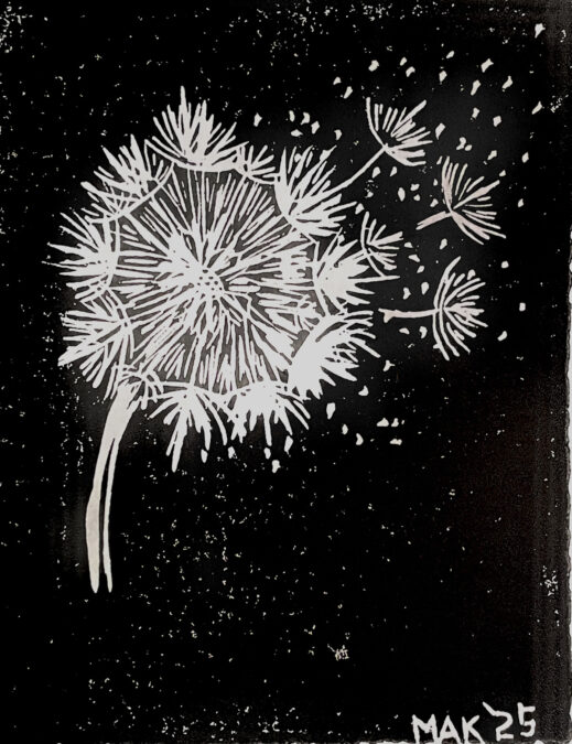 Black linoleum block print on white paper