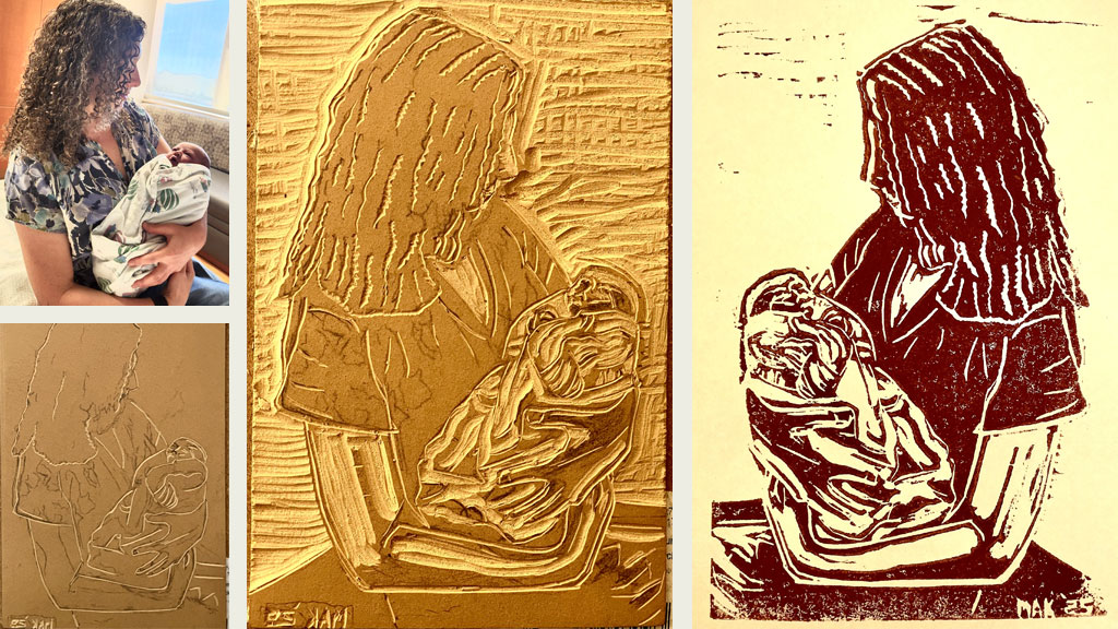 A carved linoleum block and a final print by Jordan Makower.