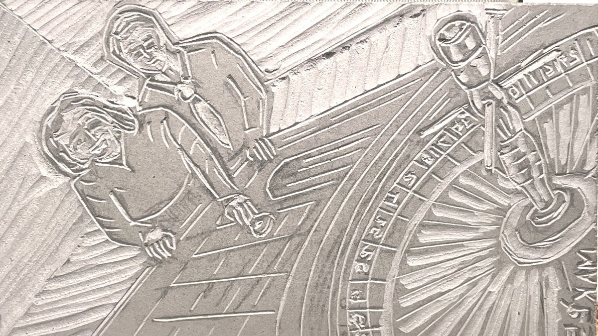 A carved linoleum block for printing.