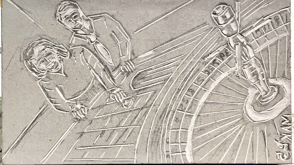 Outlining the design on the linoleum block for printing.