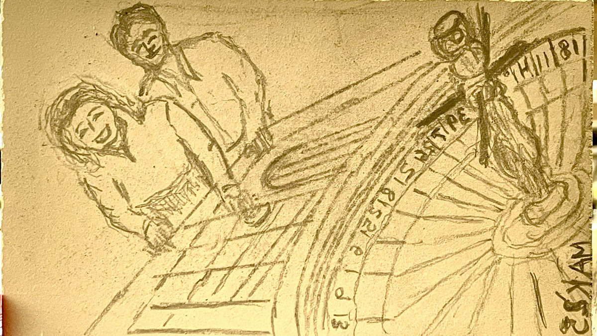 A sketch for later carving into a linoleum block for printing.