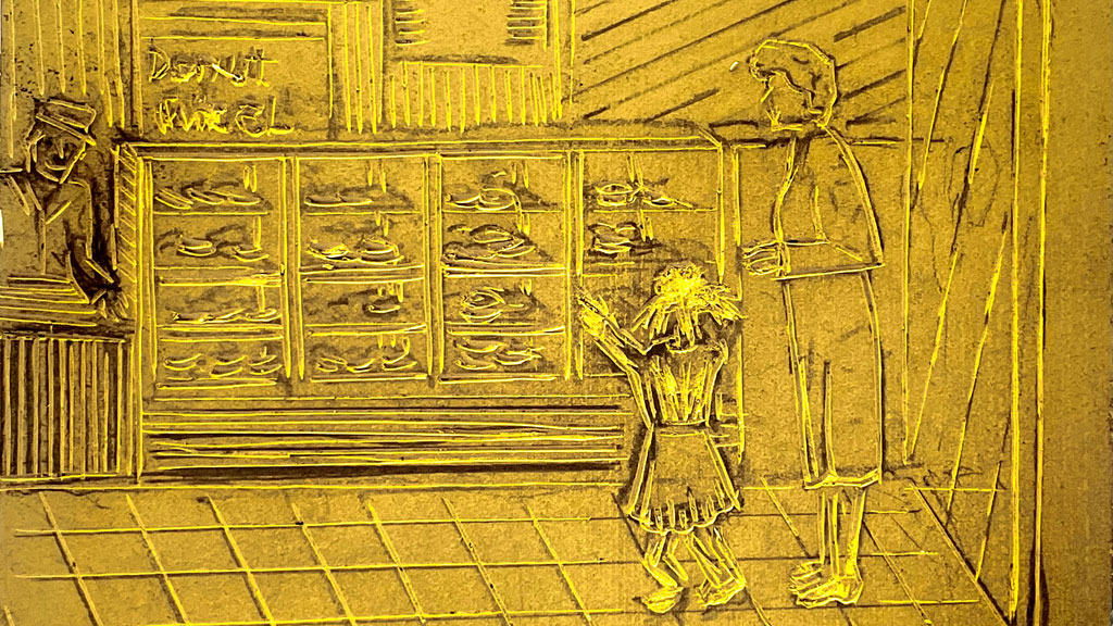 A carved linoleum block with a pastry shop view.