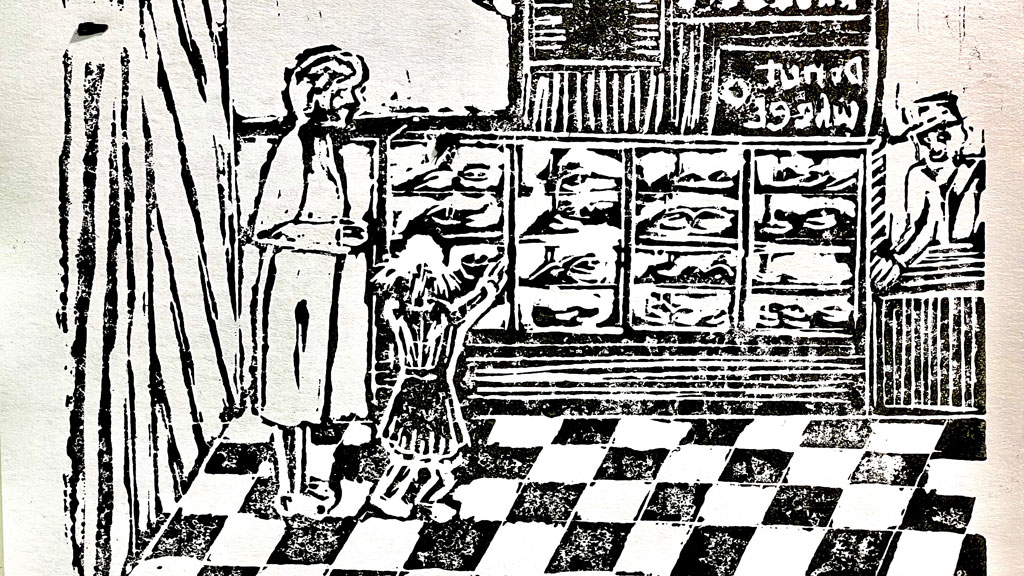 A linoleum block print with a pastry shop view.
