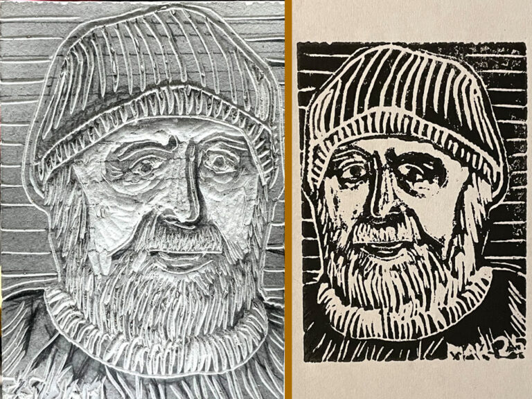 Ed Heskett. Linoleum block print made by Jordan Makower. April 2025.