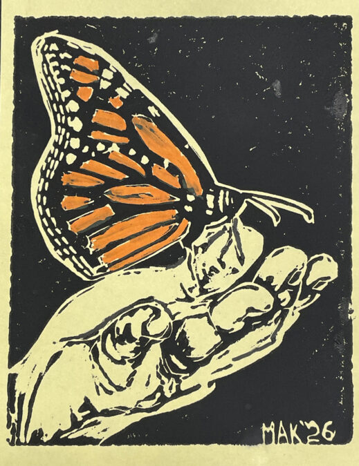 Black and orange linoleum block print on yellow paper