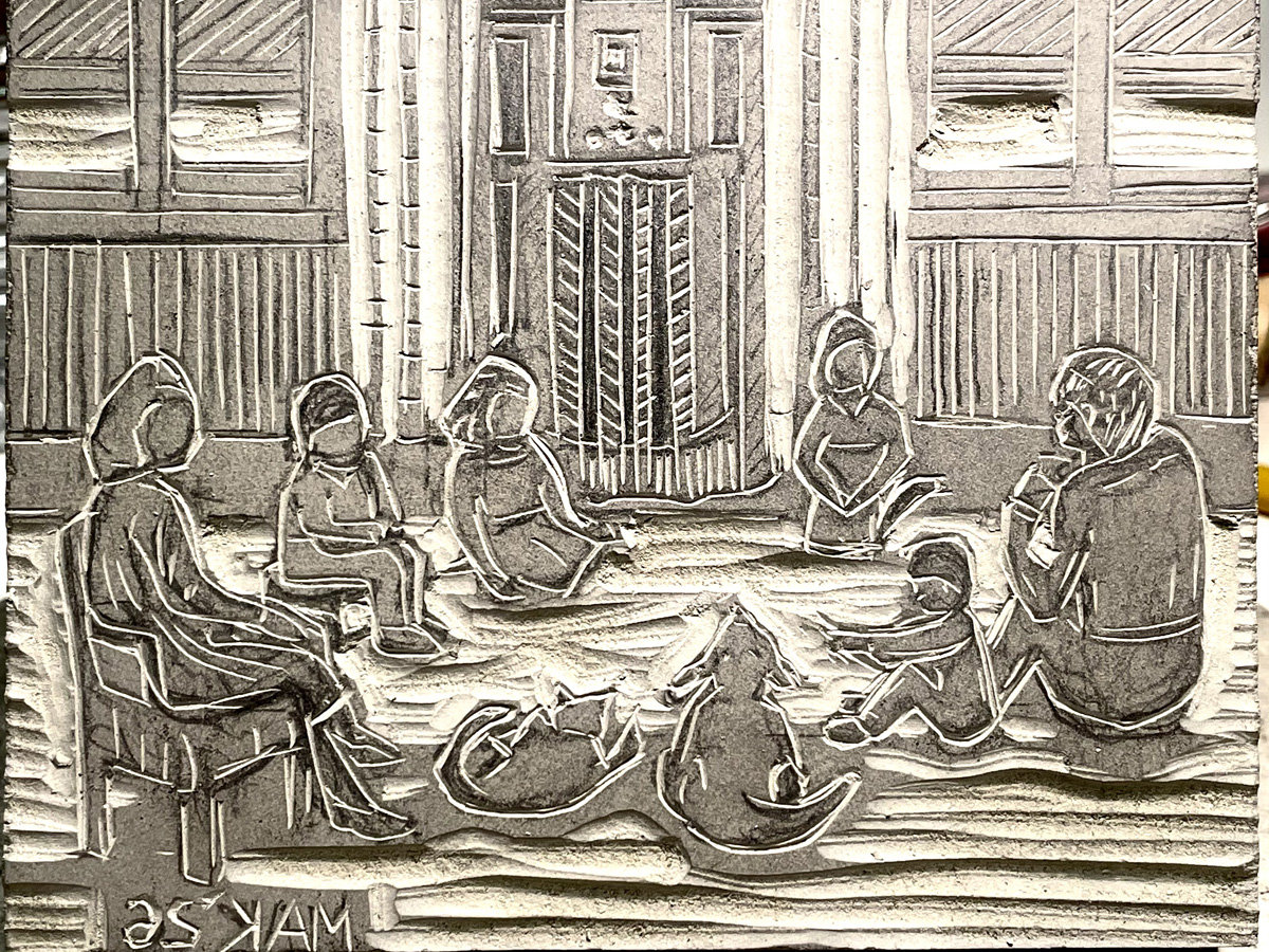 A carved linoleum block by Jordan Makower titled "Family Radio Time." The image depicts a memory-based scene of a family gathering indoors. Several figures, including adults and children, are seated in a relaxed semicircle on the floor and in chairs within a room.
